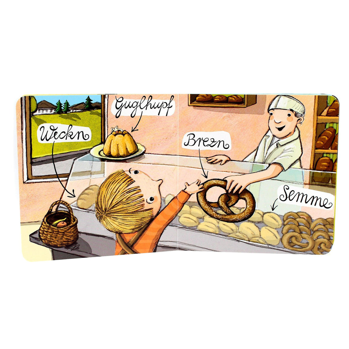 Illustriertes Kinderbuch: Bäcker verkauft Breze an Kind, während Guglhupf, Semmeln und Wecken gezeigt werden.