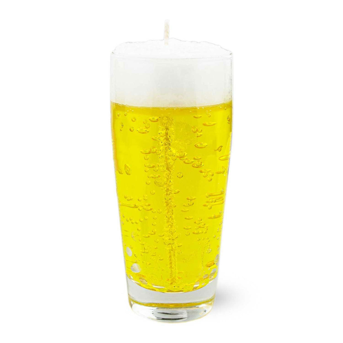 Detailreiche Boarische Bier-Kerze im Williglasl, geformt wie ein klassisches Bierglas mit Schaumkrone und Bläschen.