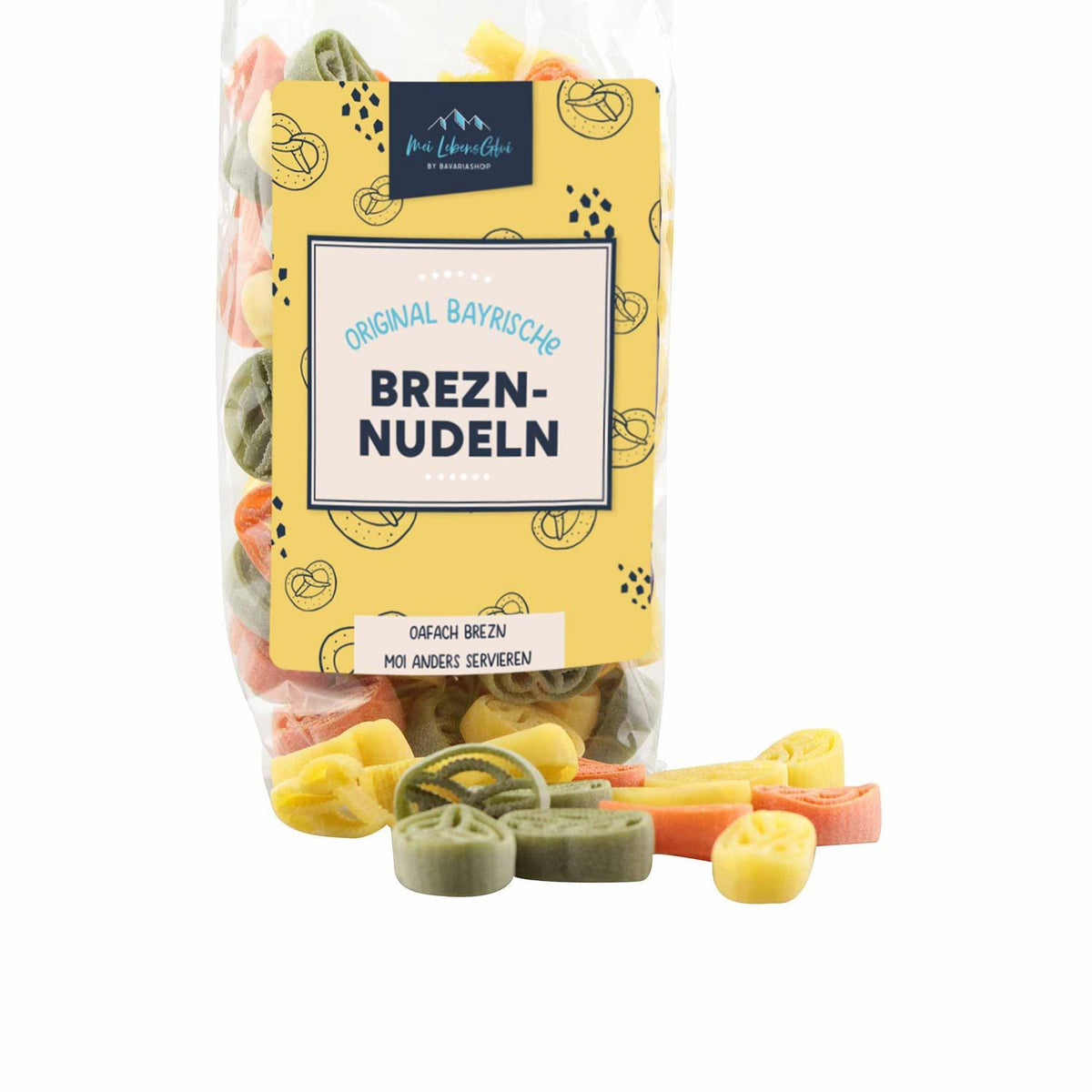 Verpackung original bayrische Brezn-Nudeln von Mei Lebens Gfui in verschiedenen Farben, darunter grün, gelb und orange.