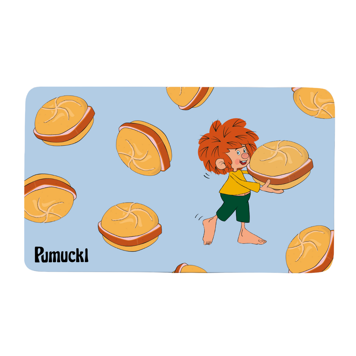 Pumuckl Brotzeitbrettl mit Motiv des Kobolds, der ein Wurstsemmeln hält, umgeben von weiteren Semmeln.
