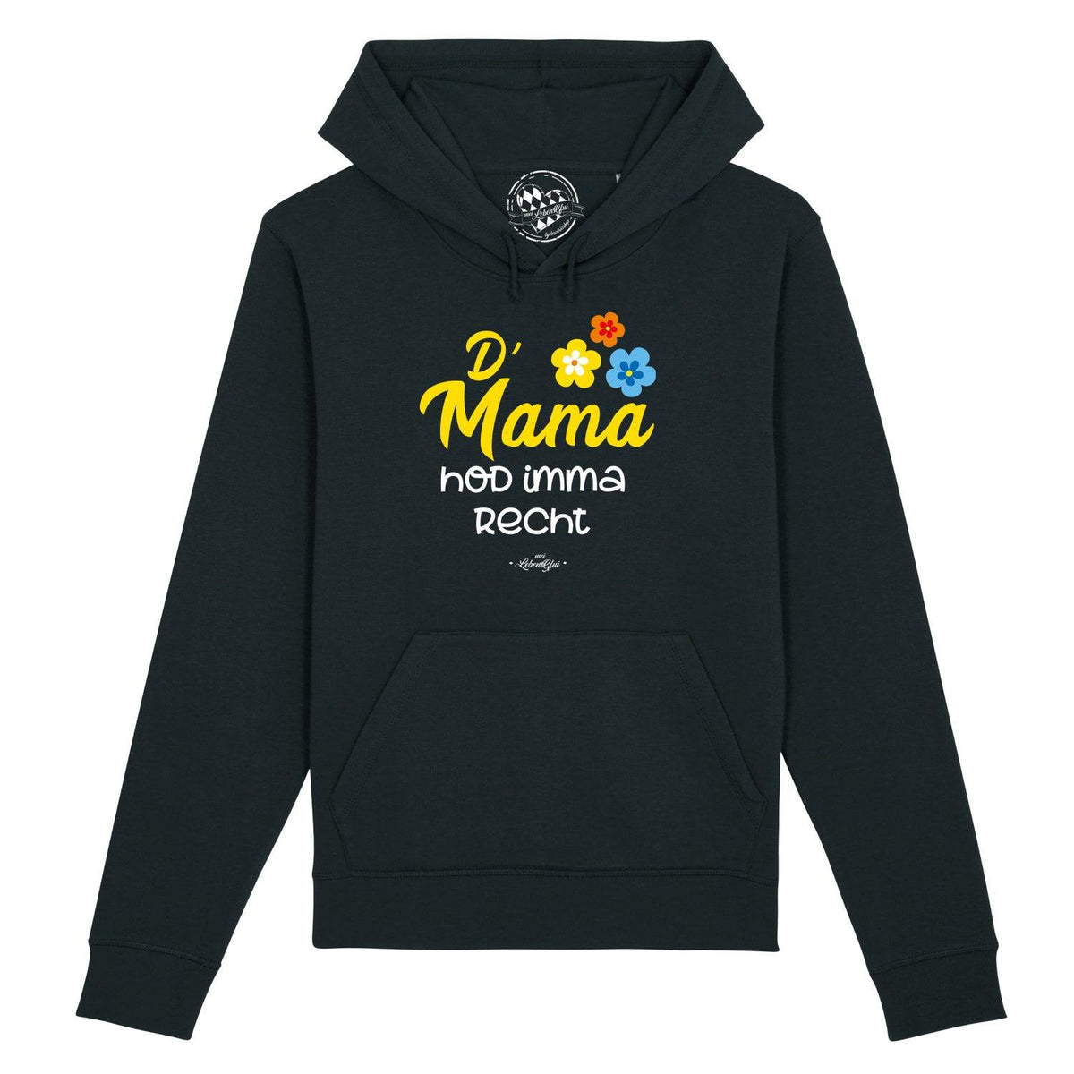 Schwarzer Hoodie D'Mama hod imma recht mit gelbem Schriftzug und bunten Blumen, Kapuze und Bauchtasche.