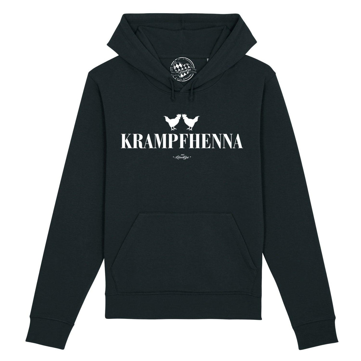Schwarzer Damen Hoodie Krampfhenna mit weißem Hühner-Print und Schriftzug auf der Brust, Bauchtasche.