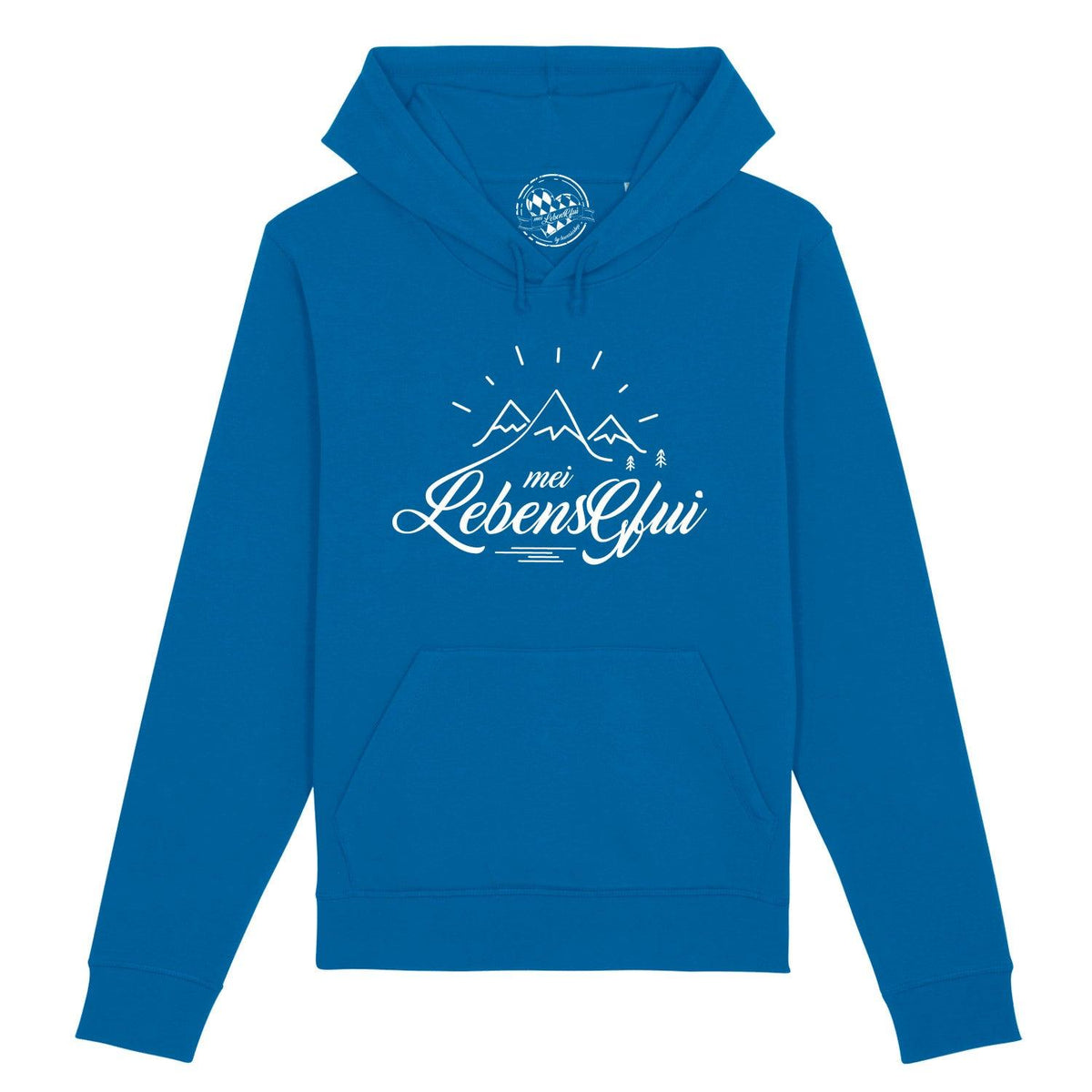 Blauer Damen Hoodie "Mei LebensGfui" mit weißem Alpenmotiv und Schriftzug vorne, Kängurutasche.