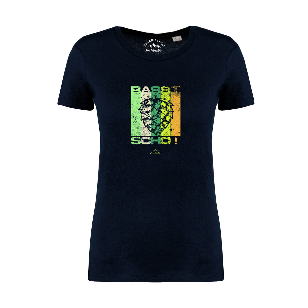 Dunkelblaues Damen T-Shirt "Basst scho" mit Hopfen-Motiv und Schriftzug in Grüntönen.