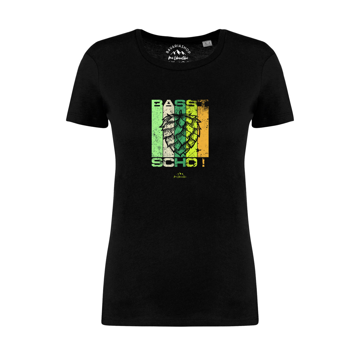 Damen T-Shirt Basst scho in Schwarz mit grünem und gelbem Hopfen-Print, kurzärmelig, taillierter Schnitt.