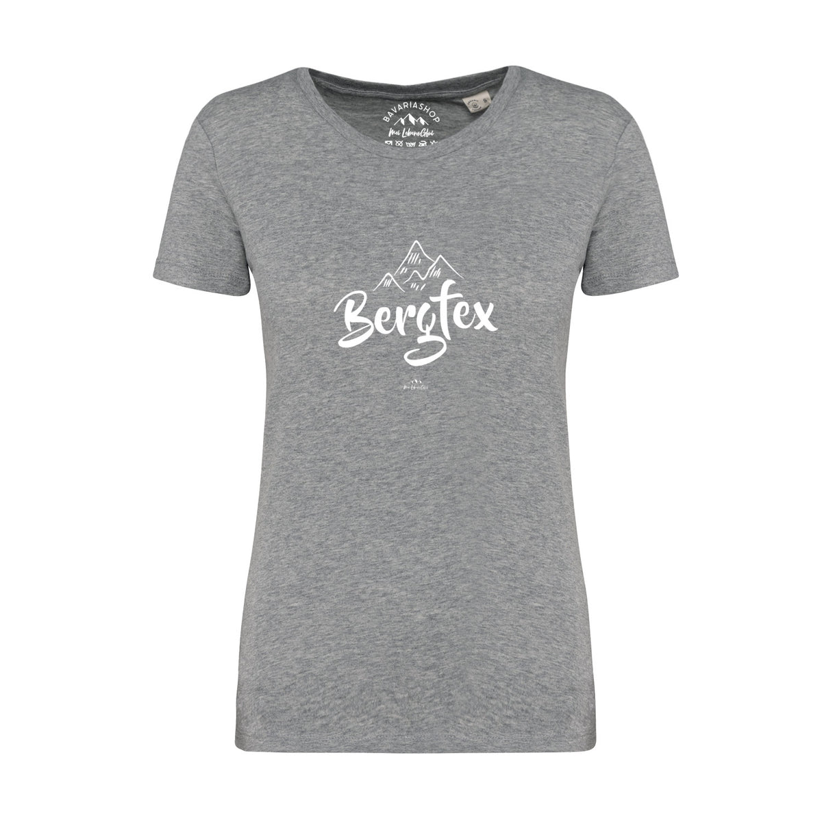 Graues Damen T-Shirt "Bergfex" mit weißem Bergmotiv und Schriftzug vorne, kurze Ärmel, Rundhalsausschnitt.