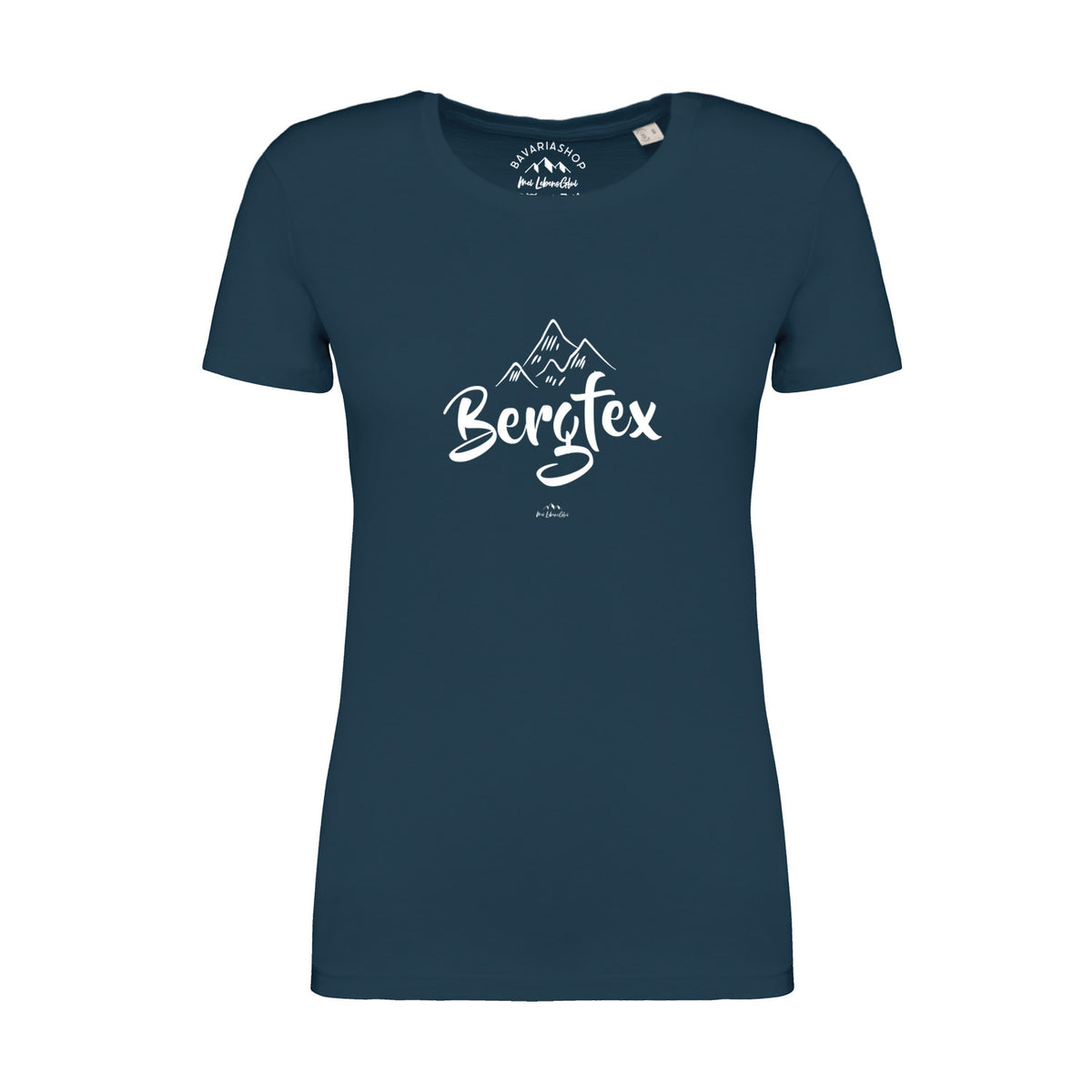 Damen T-Shirt Bergfex in dunkelblau mit weißem Bergmotiv und Schriftzug vorne, klassischer Rundhalsausschnitt