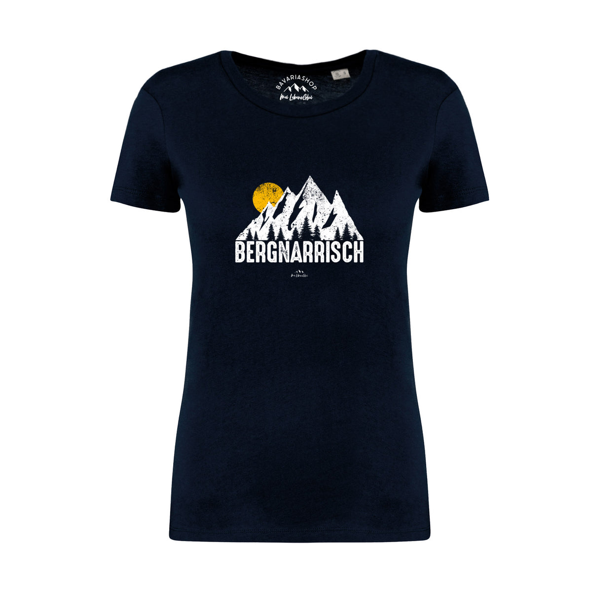 Dunkelblaues Damen T-Shirt Bergnarrisch mit weißem Bergmotiv und gelber Sonne, perfekt für Wanderfans