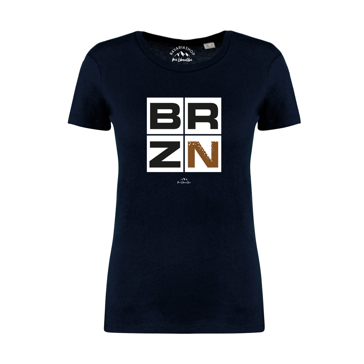 Damen T-Shirt BRZN in Dunkelblau mit weißem und braunem BRZN Logo-Aufdruck auf der Vorderseite.
