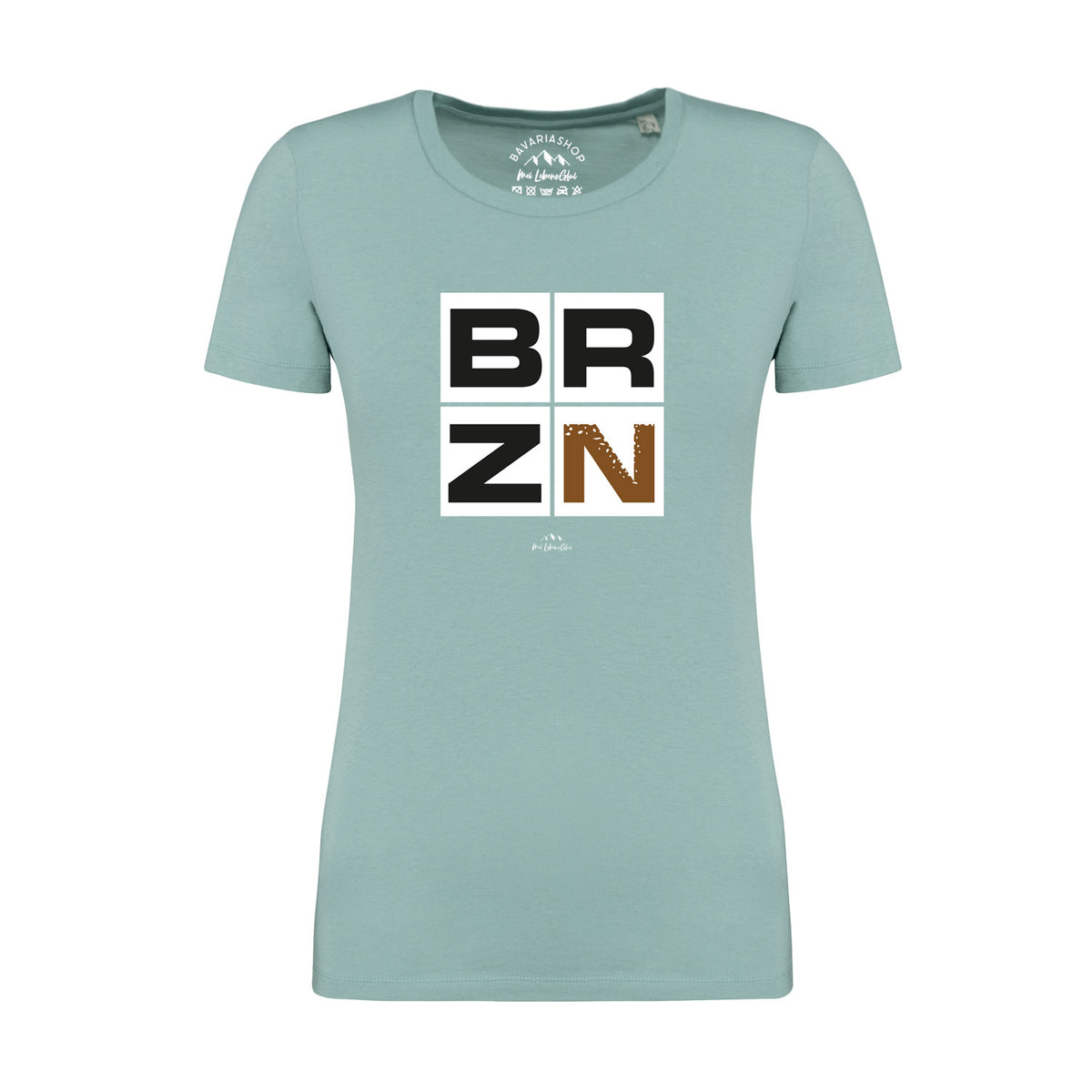 Damen T-Shirt BRZN in Mintgrün mit weißem Quadratprint und schwarzen Buchstaben, V-Ausschnitt, kurzärmelig