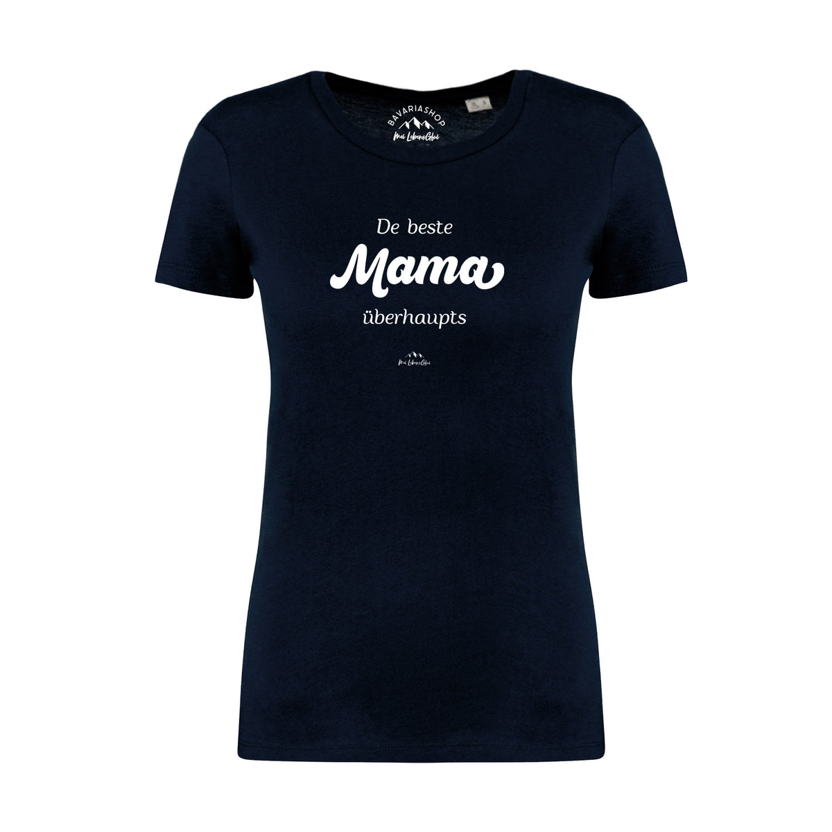 Dunkelblaues Damen T-Shirt De beste Mama übahaupts mit weißem Spruch und Logo, perfektes Geschenk für Mütter.