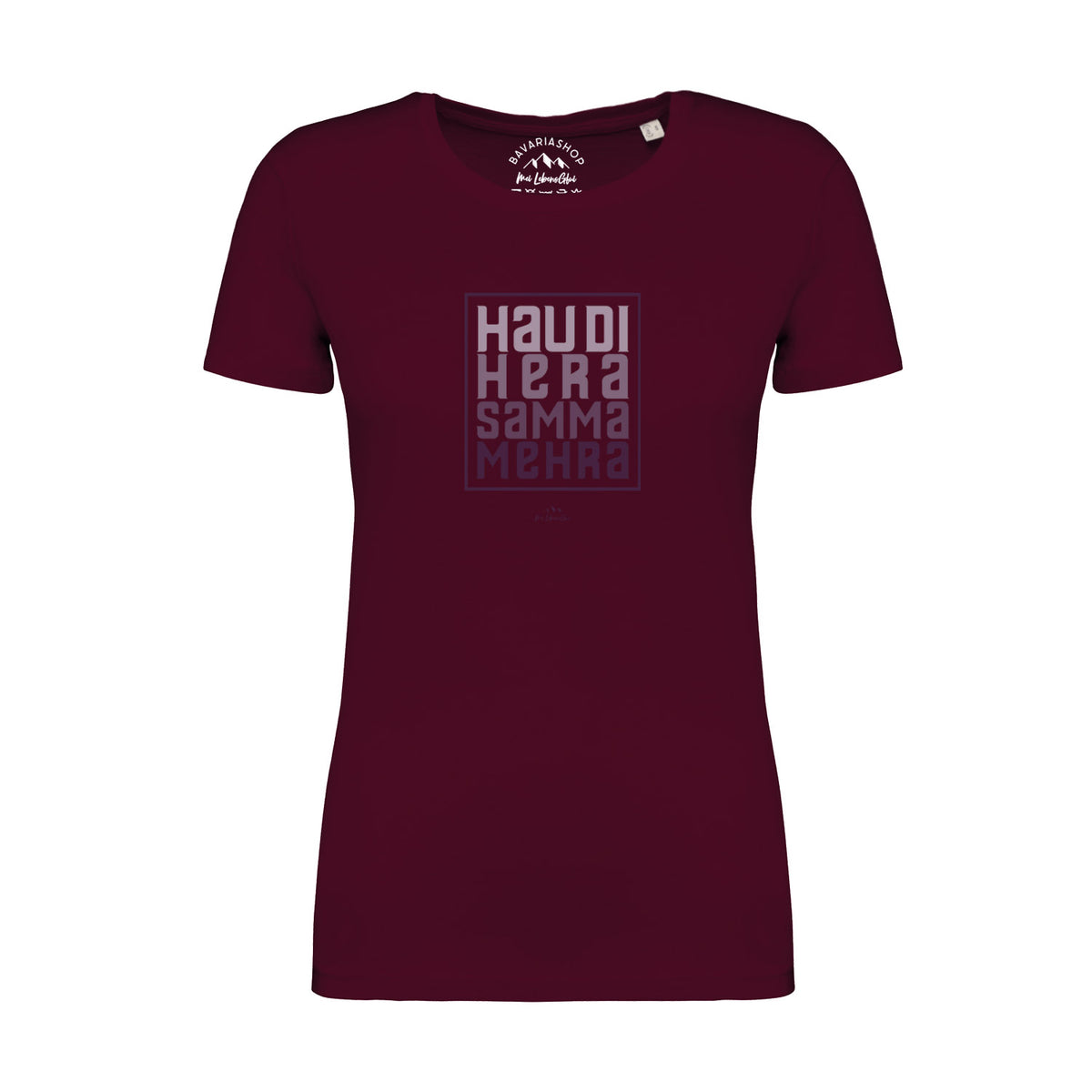 Rotes Damen T-Shirt "Hau di hera" mit weißem Schriftzug und blauem Umriss auf der Brust.