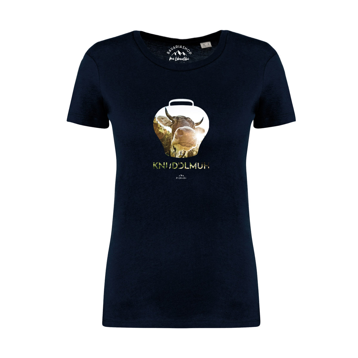 Dunkelblaues Damen T-Shirt Knuddlmuh mit stilisiertem Kuhglocken-Motiv und Alpenszenerie.