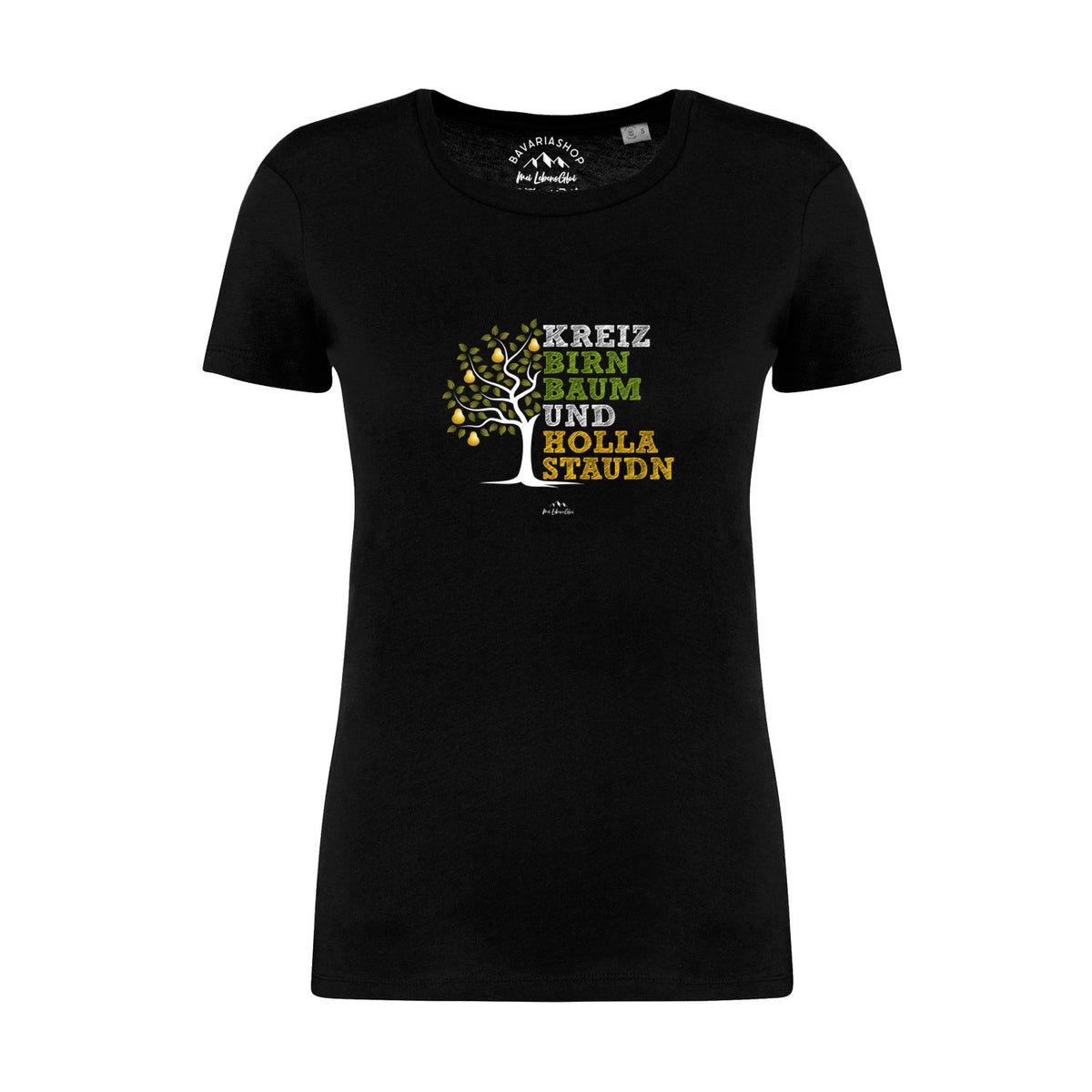 Schwarzes Damen T-Shirt Kreizbirnbaum mit hellem Birnbaum-Motiv und Schriftzug in Naturtönen.