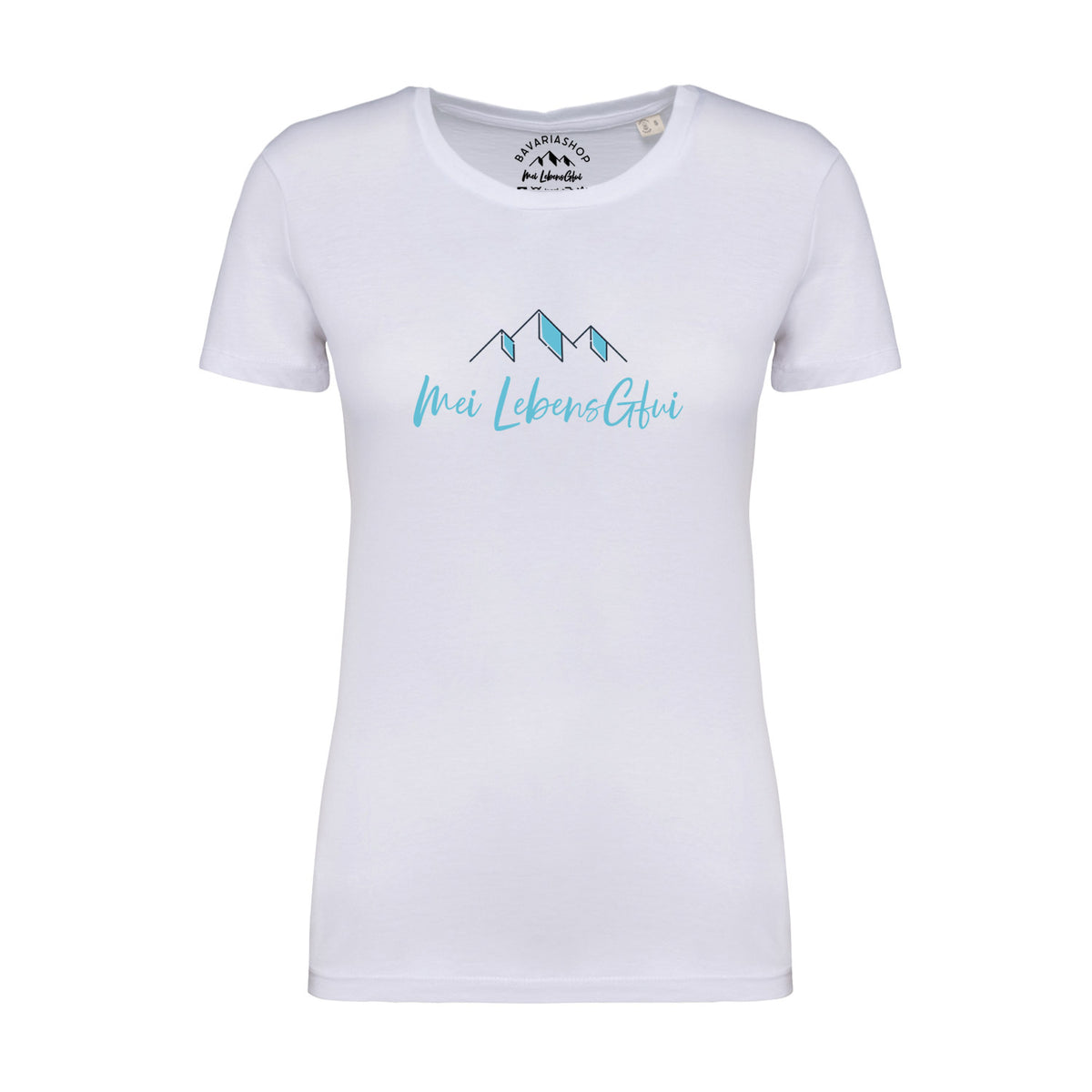 Weißes Damen T-Shirt "Mei LebensGfui" mit blauen, abstrahierten Bergen als Aufdruck, leicht tailliert.