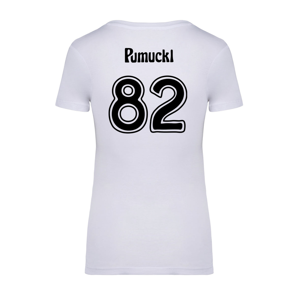 Rückseite des weißen Pumuckl Damen T-Shirts "Fußball Kobold" mit schwarzer Nummer 82 und Schriftzug.