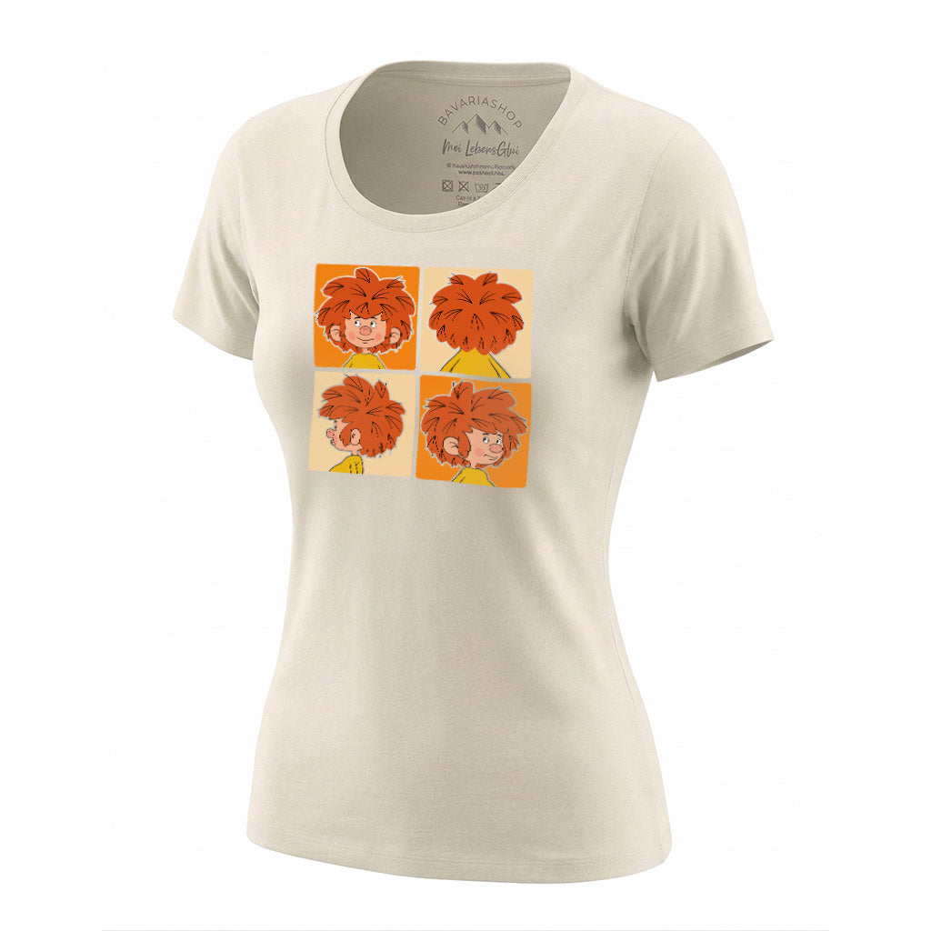 Damen Pumuckl T-Shirt beige mit quadratischem Druck von Koboldgesichtern in verschiedenen Ansichten