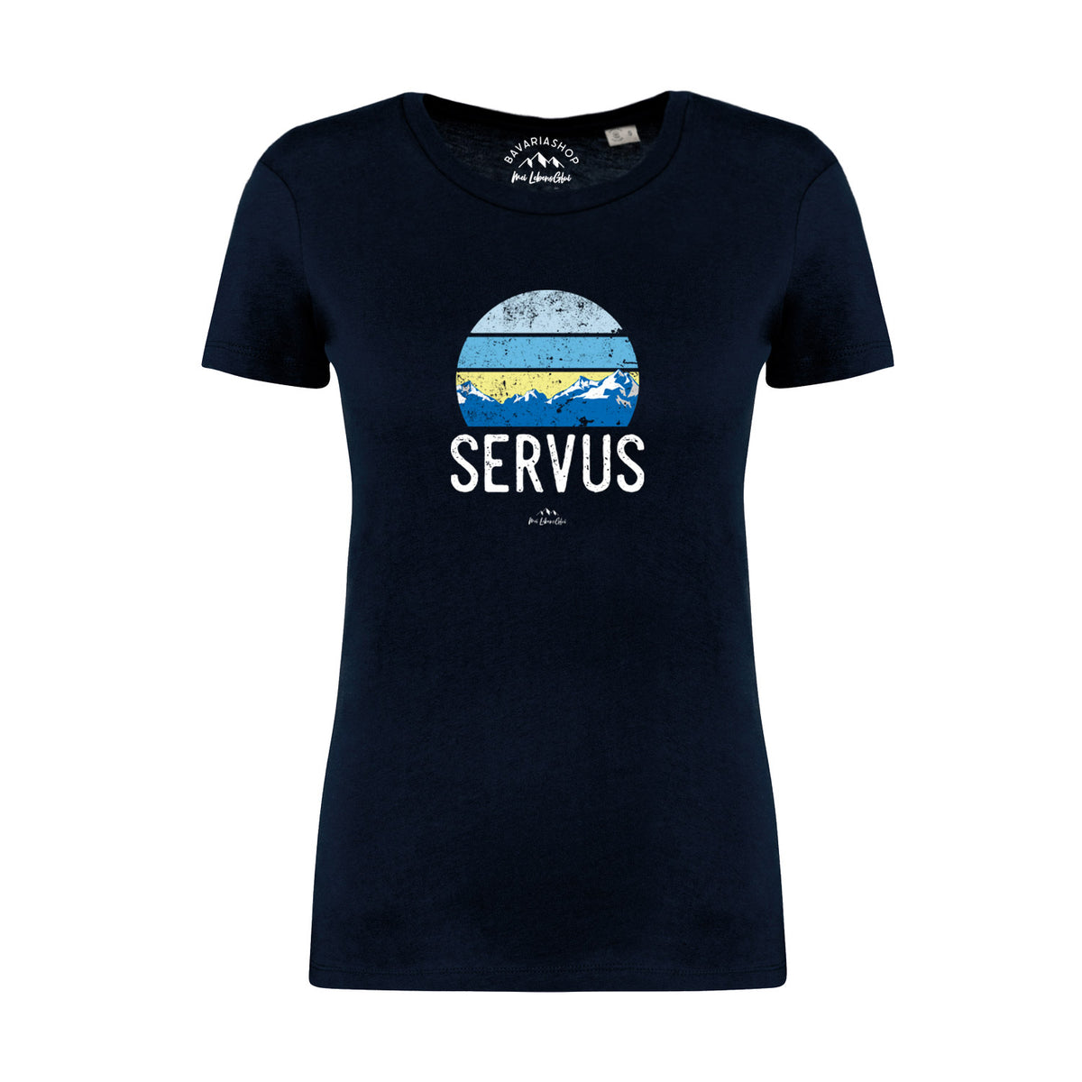 Damen T-Shirt Servus in Marineblau mit rundem Berglandschaft-Motiv und Schriftzug in Weiß.