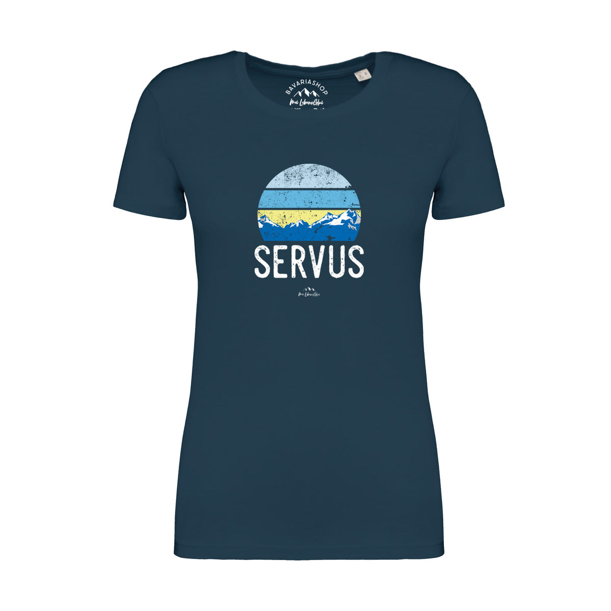 Dunkelblaues Damen T-Shirt Servus mit stilisiertem Bergpanorama und blau-gelbem Streifenmuster im Kreis.