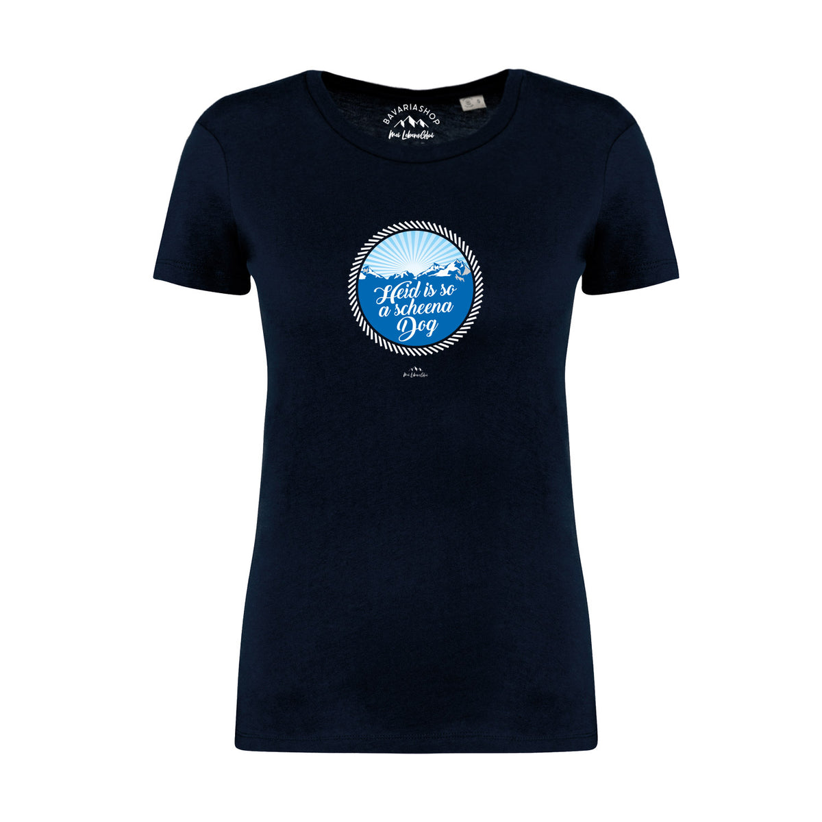 Dunkelblaues Damen T-Shirt So a scheena Dog mit Bergmotiv und strahlender Sonne auf weißem Hintergrund.
