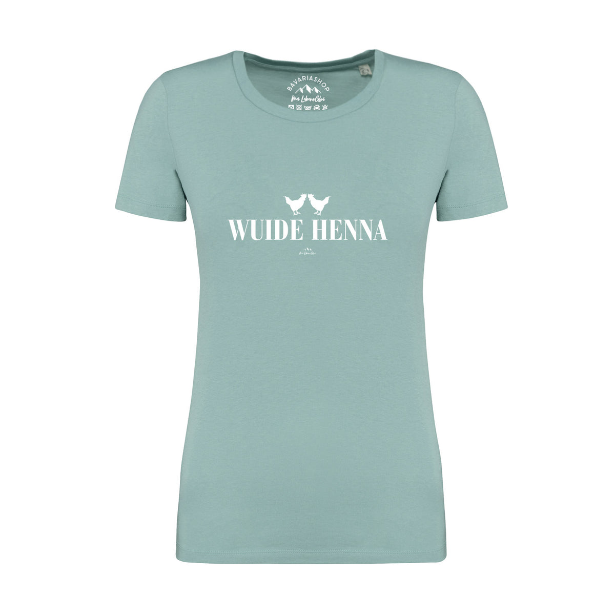 Damen T-Shirt Wuide Henna in hellem Türkis mit weißem Schriftzug und Hühner-Motiv als Druck.