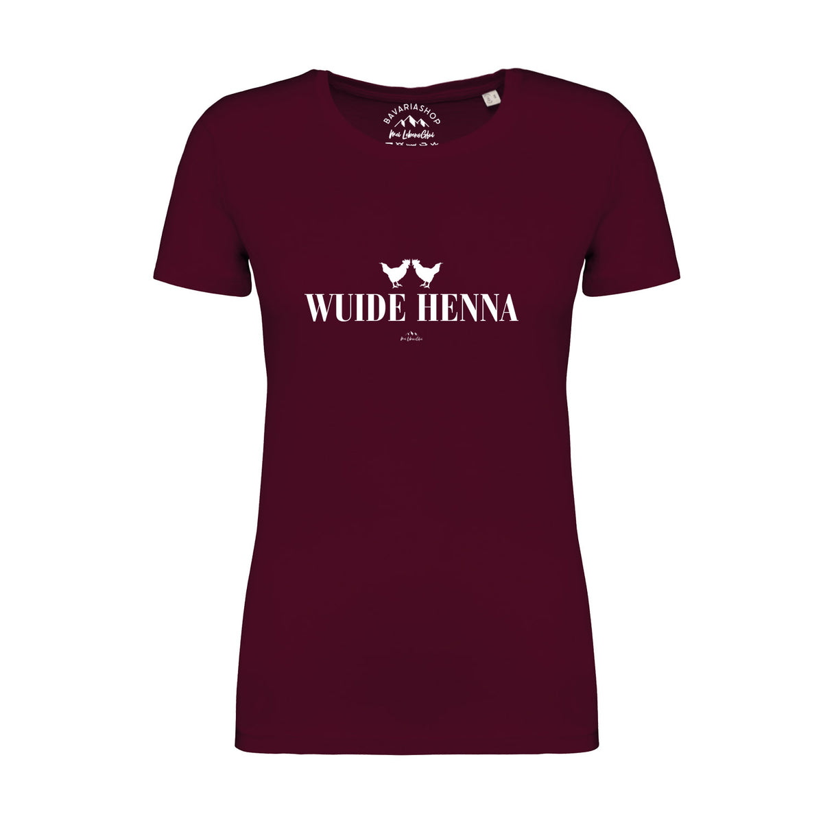 Damen T-Shirt Wuide Henna in dunklem Weinrot mit weißem Hühner-Print und Schriftzug auf der Vorderseite.