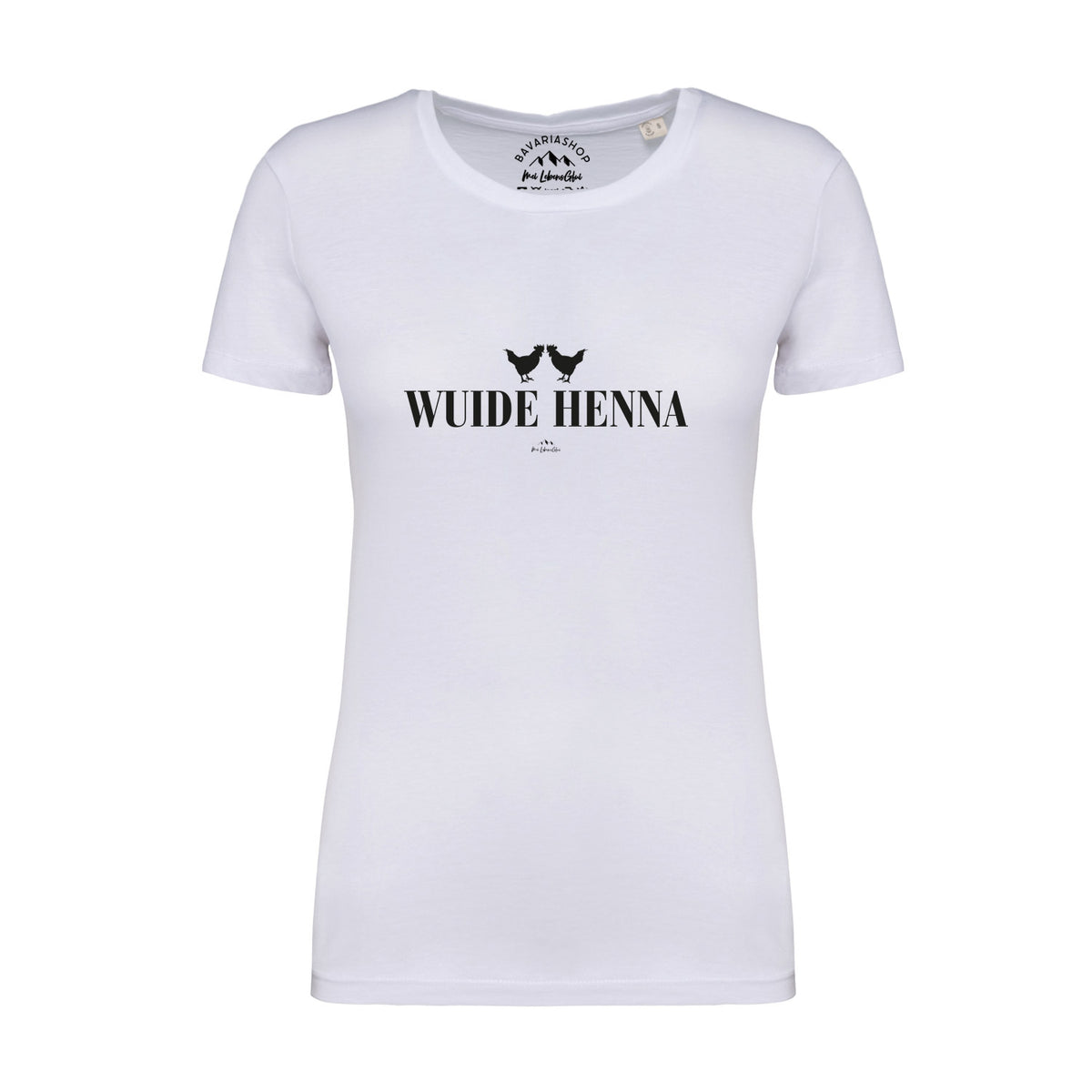 Weißes Damen T-Shirt "Wuide Henna" mit stilisiertem Hühnermotiv und schwarzem Schriftzug, eng anliegend.