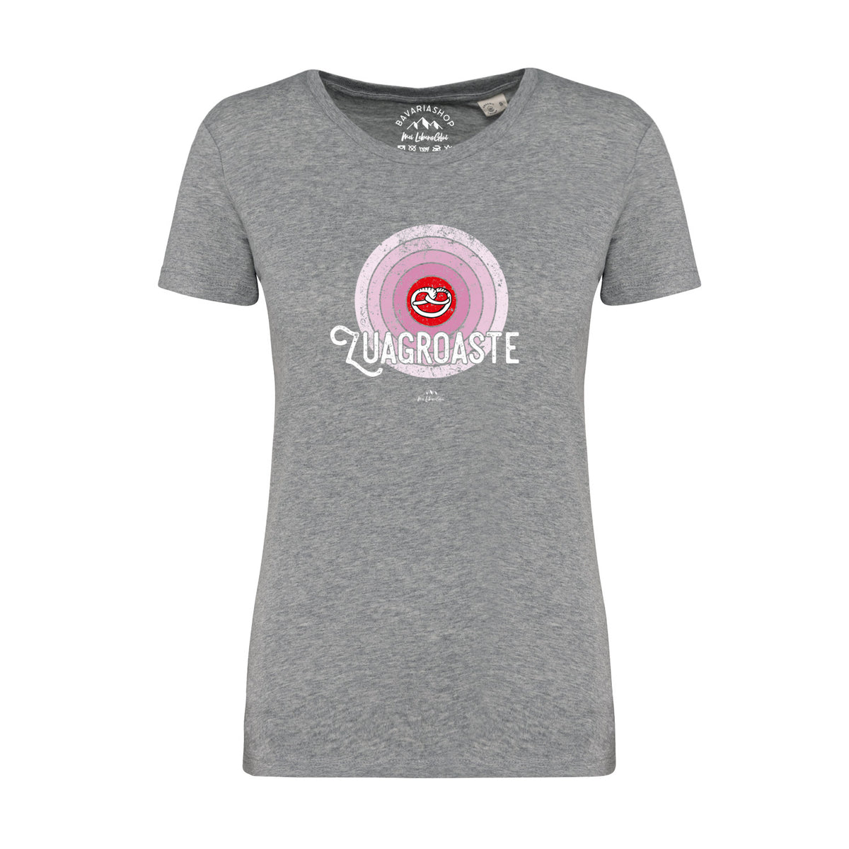 Graue Damen T-Shirt "Zuagroaste" mit rosafarbenem Schallplatten-Print und weißer Aufschrift im Vintage-Stil.
