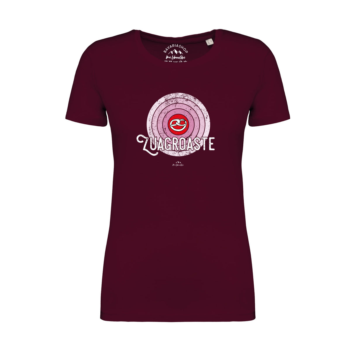 Damen T-Shirt Zuagroaste in Dunkelrot mit Rundhalsausschnitt und Retro Schallplattendruck-Motiv
