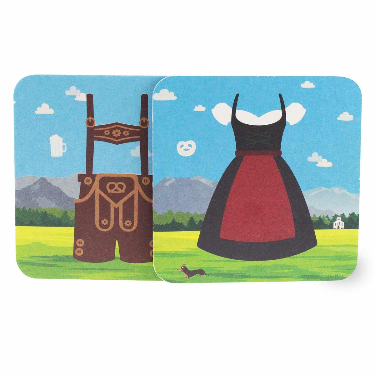 Bierfilzl mit Dirndl-Motiv auf der Vorderseite und Lederhosen-Motiv auf der Rückseite, quadratisch, 20 Stück, 93×93 mm.