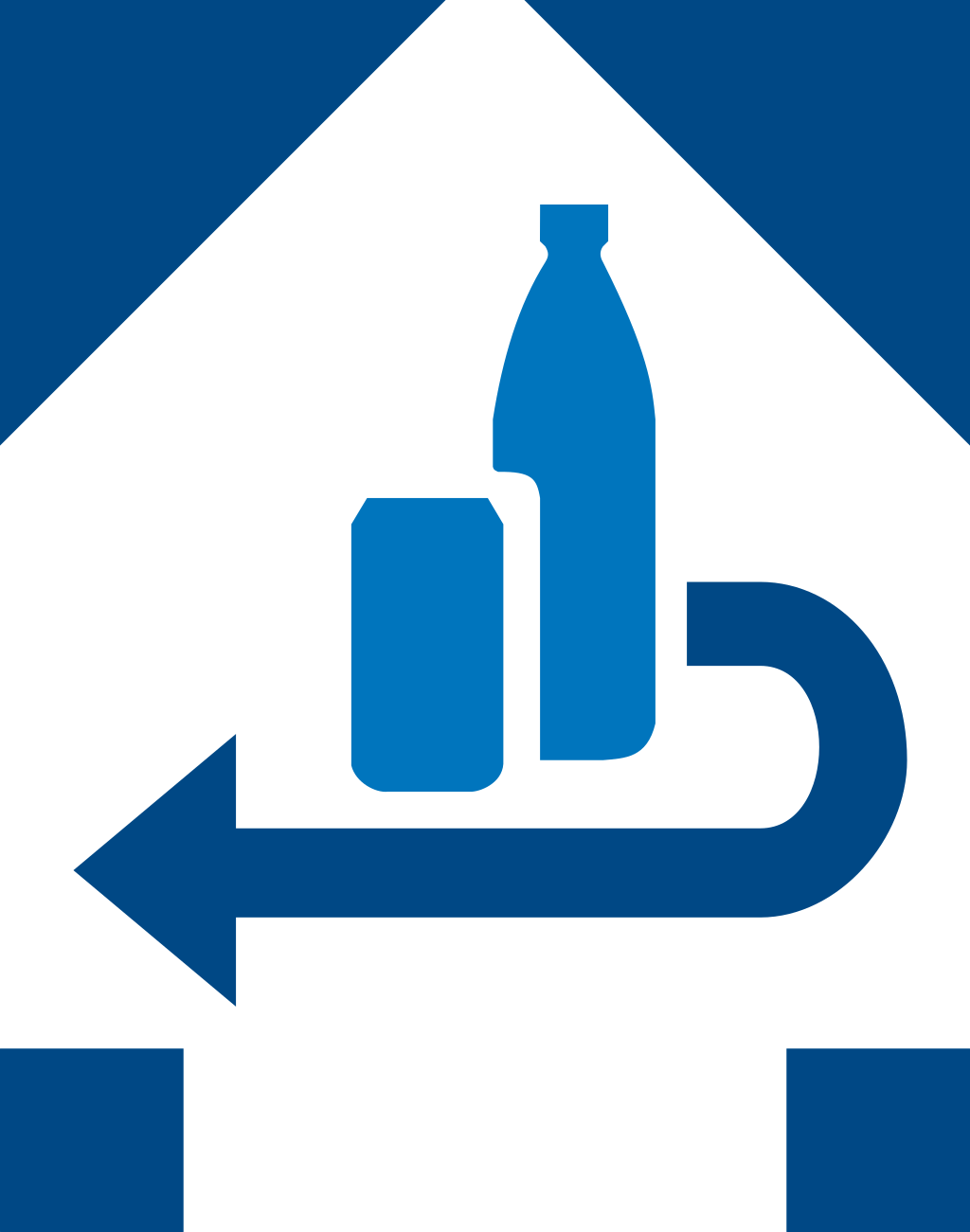 Blau-weißes Pfandsymbol zeigt Flasche und Dose mit kreisförmigem Pfeil für die Rückgabe des Pfands (1,84€).