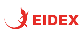 Firmenlogo mit roter Eidechse und dem Schriftzug EIDEX auf schwarzem Hintergrund für Shop-Produkte.