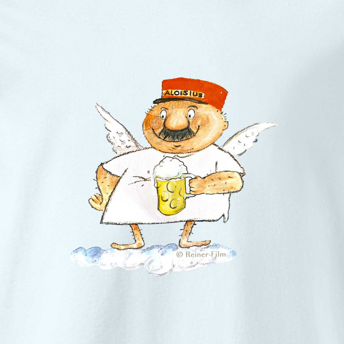 Engel Aloisius Herren T-Shirt mit Cartoon-Darstellung eines bayerischen Engels mit roter Mütze, Bierkrug und Flügeln auf Wolke.