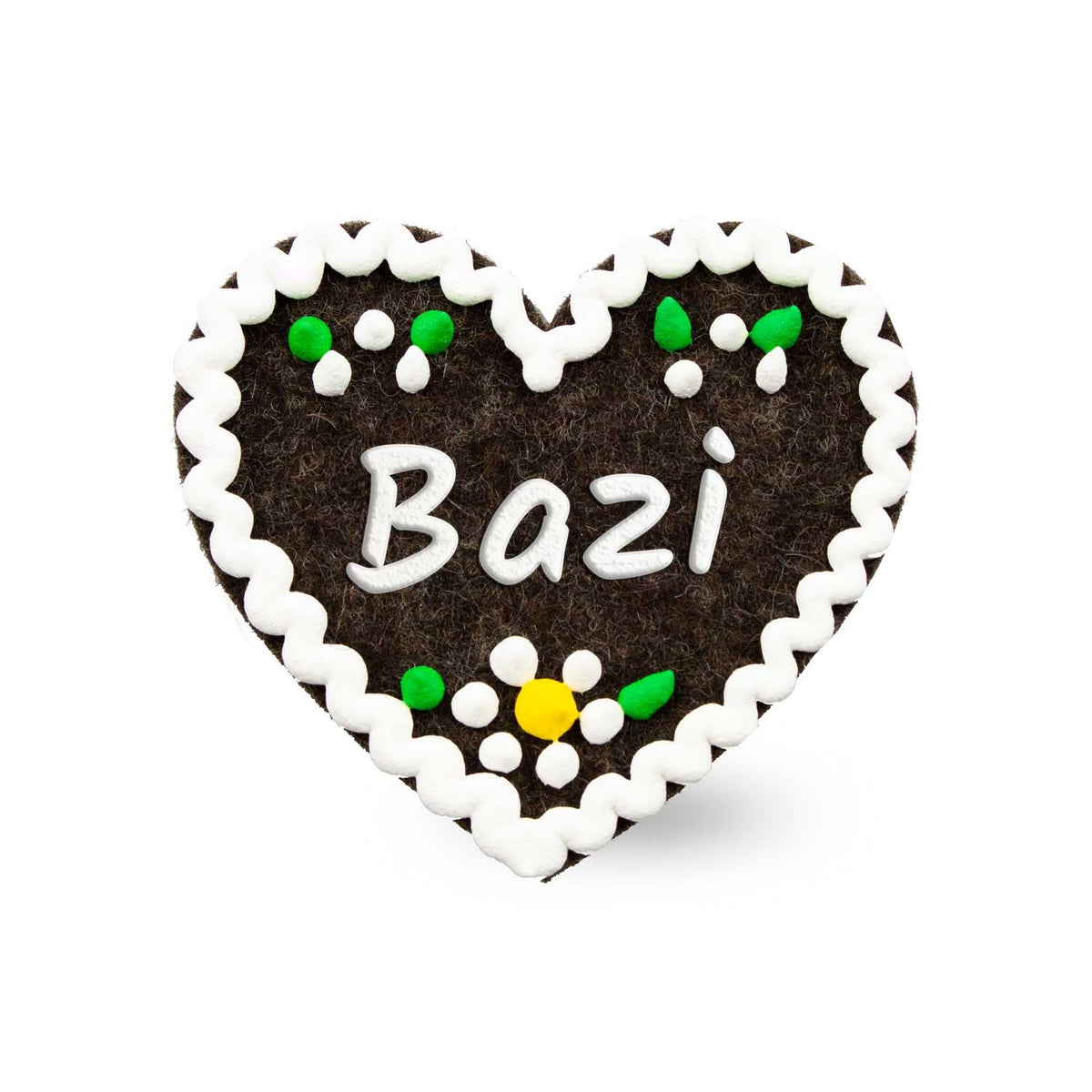 Brauner Filzherz-Anstecker "Bazi" mit weißer Zuckerguss-Optik und kleinen bunten Zuckerblumen.