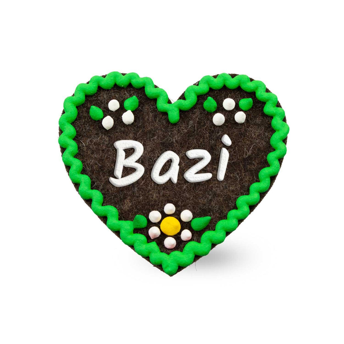 Brauner Filzherz-Anstecker "Bazi" mit grünem Rand, weißen Punkten und einer Blume als Verzierung.