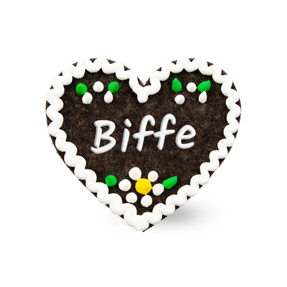 Brauner Filzherz-Anstecker Biffe mit weißem Zuckerguss-Rand und bunten kleinen Blumenverzierungen.