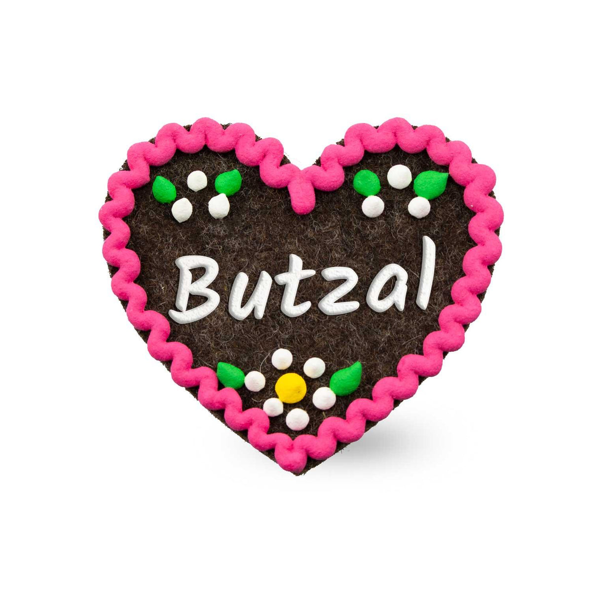 Filzherz-Anstecker Butzal in Lebkuchenherz-Optik mit pinkem Rand und Blumen aus Filzkugeln.