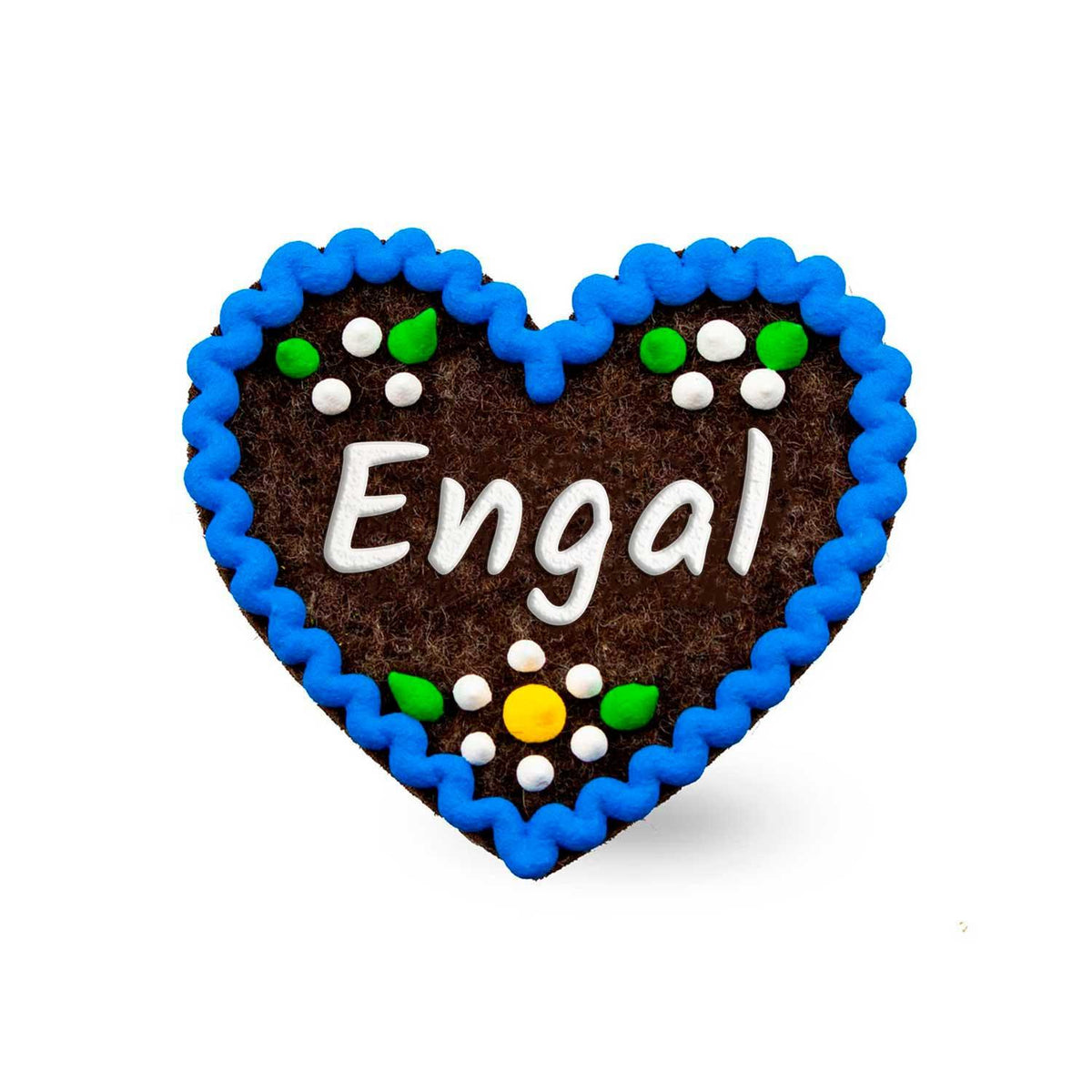 Brauner Filzherz-Anstecker "Engal" mit blauem Rand, grünen Blättern und weißen Punkten verziert.