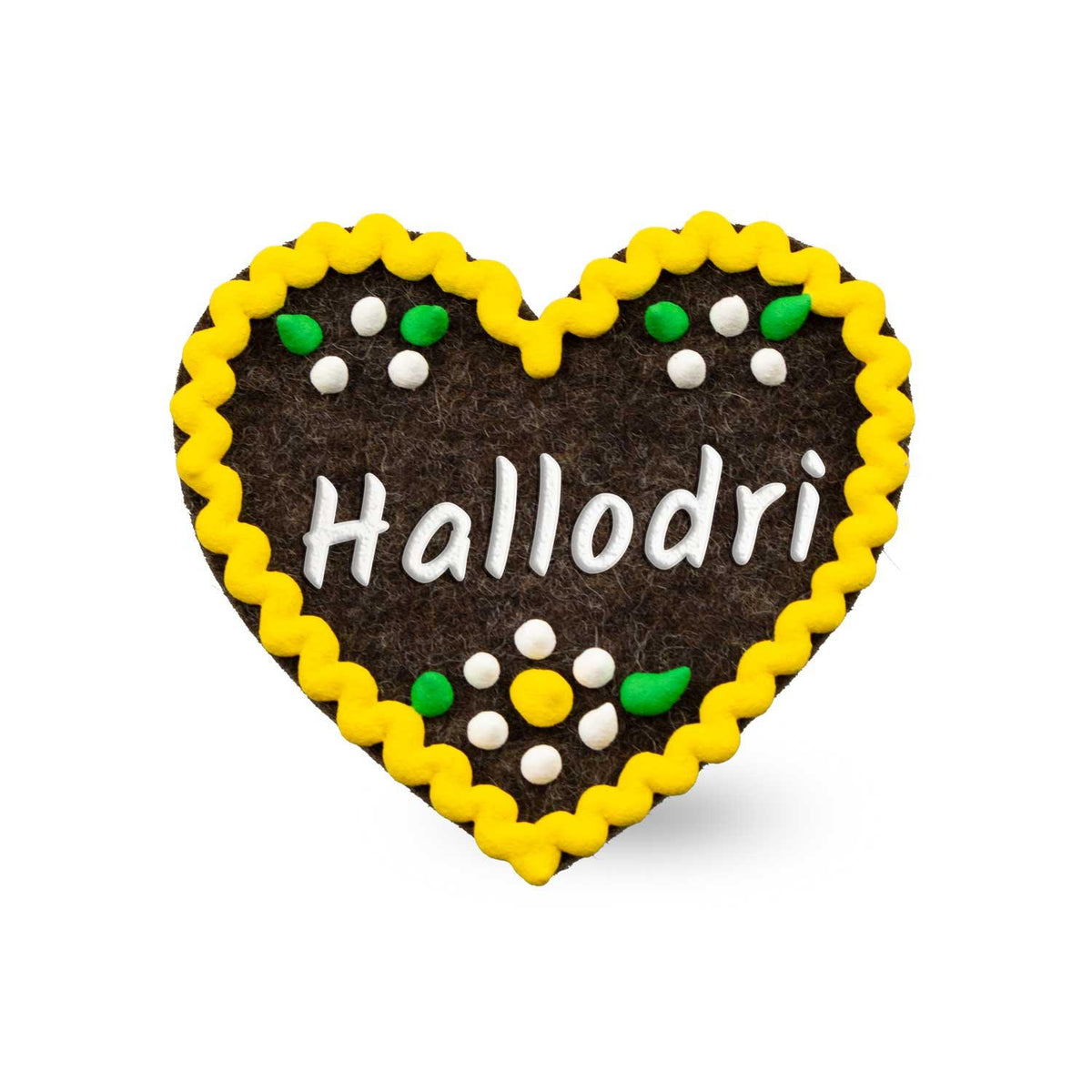 Brauner Filzherz-Anstecker "Hallodri" mit gelber Bordüre und bunten Verzierungen, Oktoberfest Accessoire.