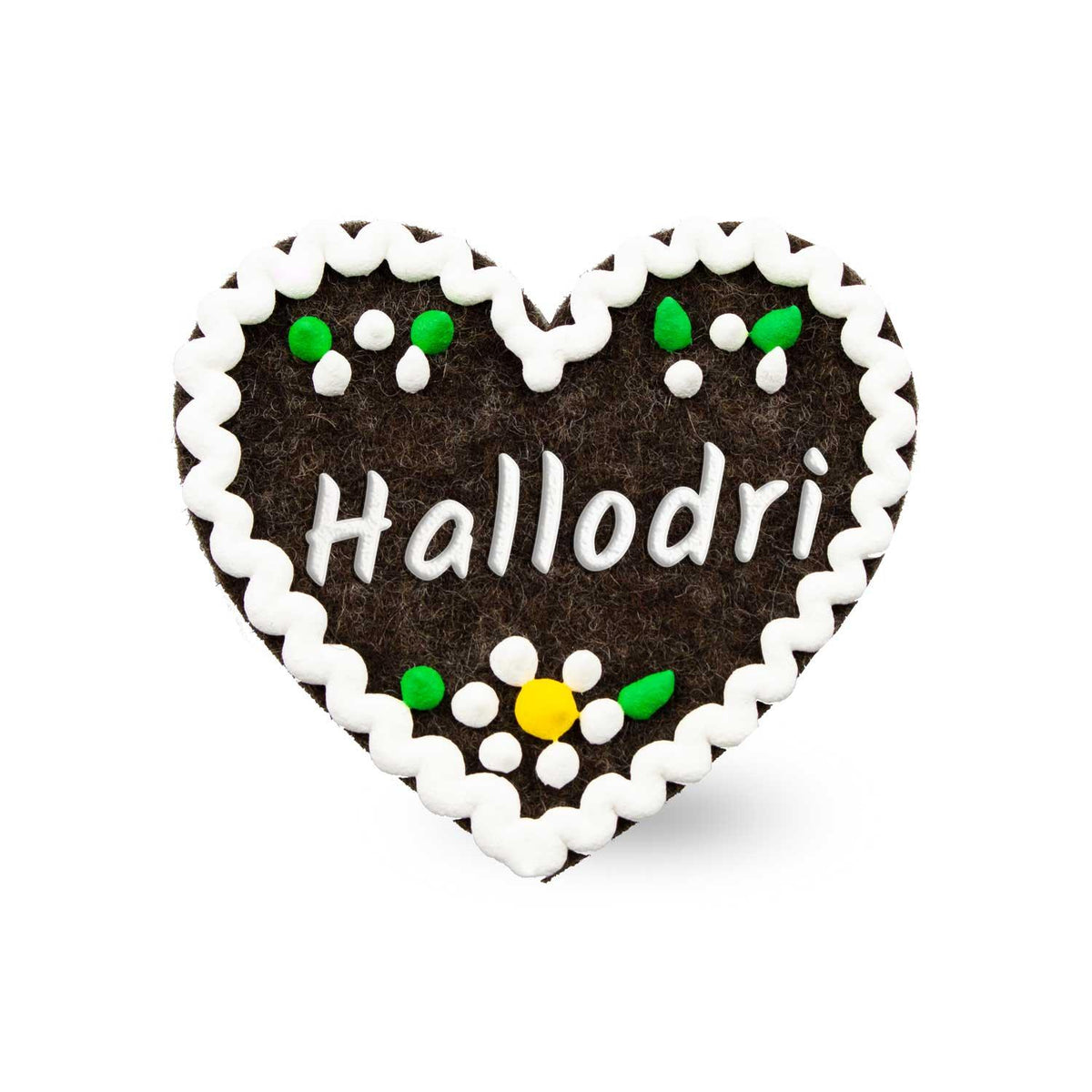 Brauner Filzherz-Anstecker Hallodri mit weißer Zuckerguss-Optik, grünen und gelben Verzierungen.