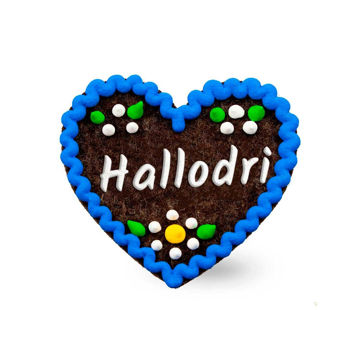 Brauner Filzherz-Anstecker "Hallodri" mit blauer Zierborte und farbigen Punkten verziert.