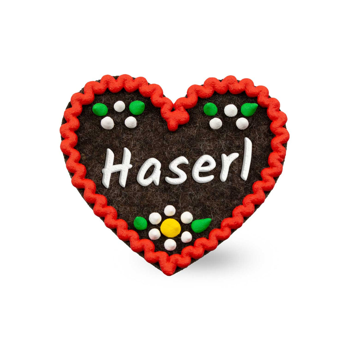 Brauner Filzherz-Anstecker Haserl mit rotem Zickzack-Rand und bunten Blumen-Verzierungen, traditionell.