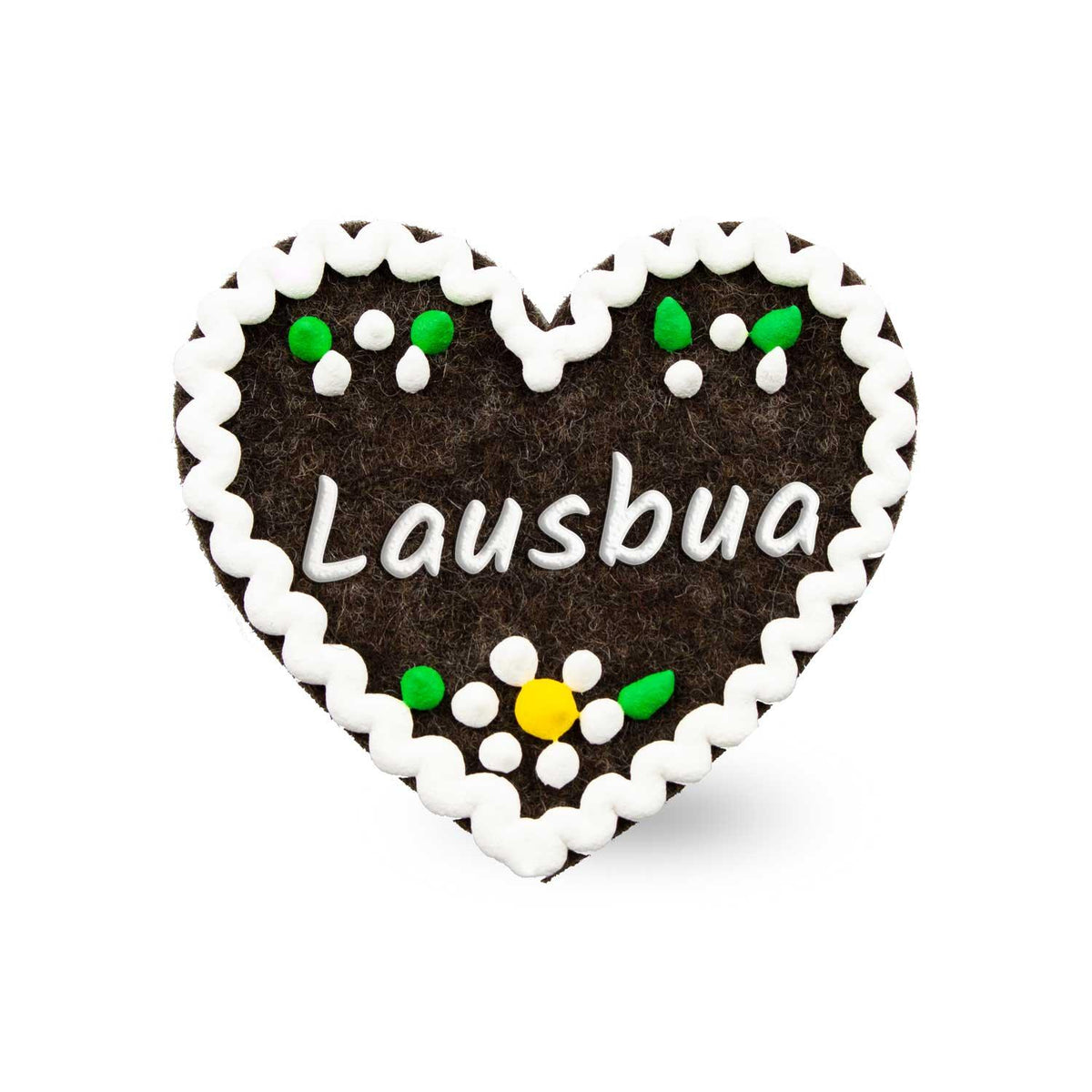 Filzherz-Anstecker Lausbua mit weißem Rand, grünen Blättern und gelber Blüte auf braunem Filzgrund.