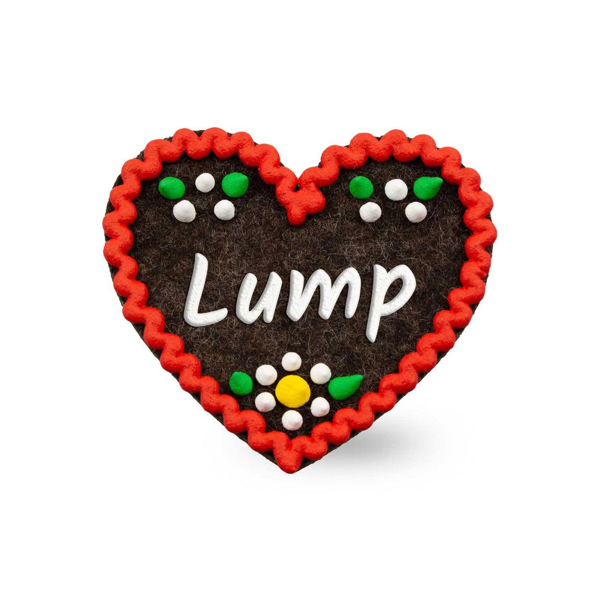 Filzherz-Anstecker Lump, braunes Filzherz mit rotem Wellenrand, "Lump" Schriftzug und Blümchenmuster