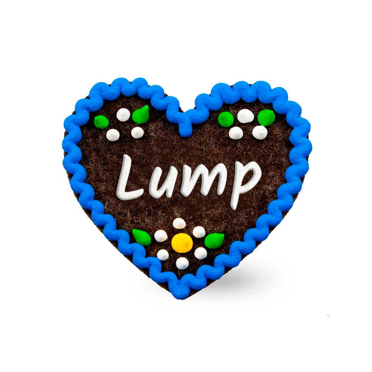 Braunes Filzherz-Anstecker "Lump" mit blauer welliger Umrandung und bunten Punkten.