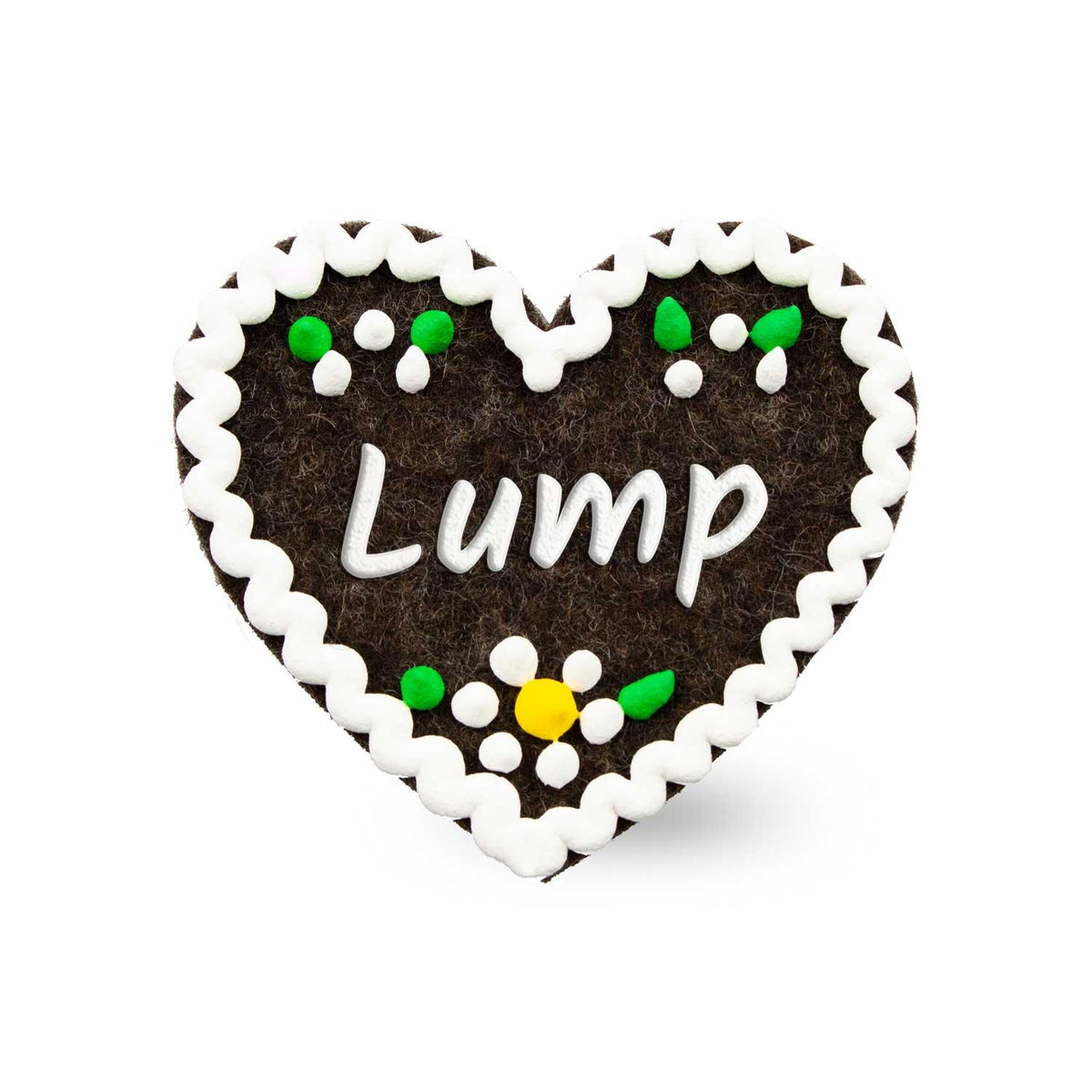 Brauner Filzherz-Anstecker "Lump" mit weißem Umrandungsdesign und Zuckergussverzierung, als Lebkuchenherz.