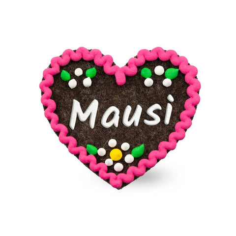 Brauner Filzherz-Anstecker Mausi mit pinker Zierborte und weißen Blumenapplikationen, Trachtenaccessoire.