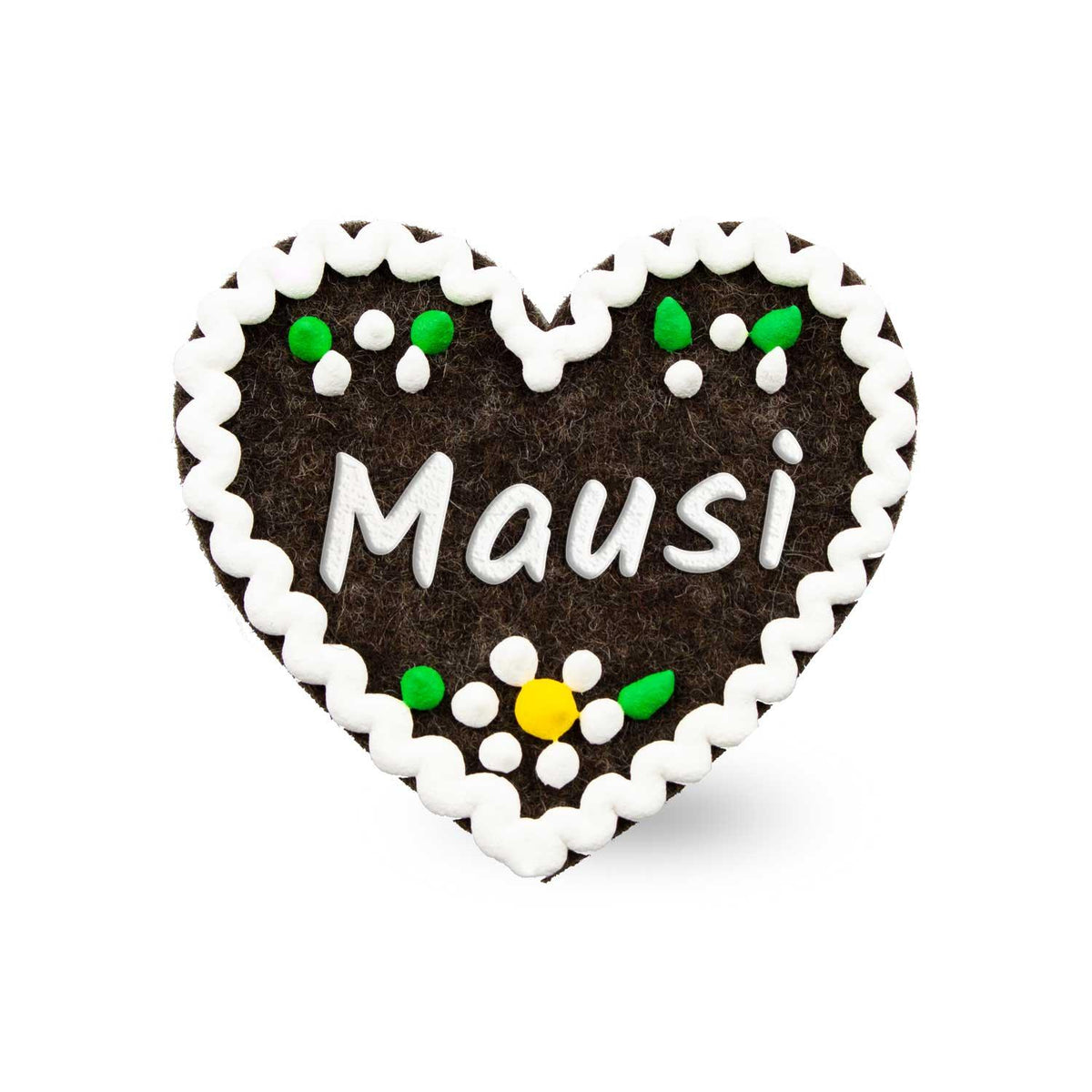 Brauner Filzherz-Anstecker Mausi mit weißer Rüschenkante und farbigen Blumenmotiven als traditionelles Accessoire.
