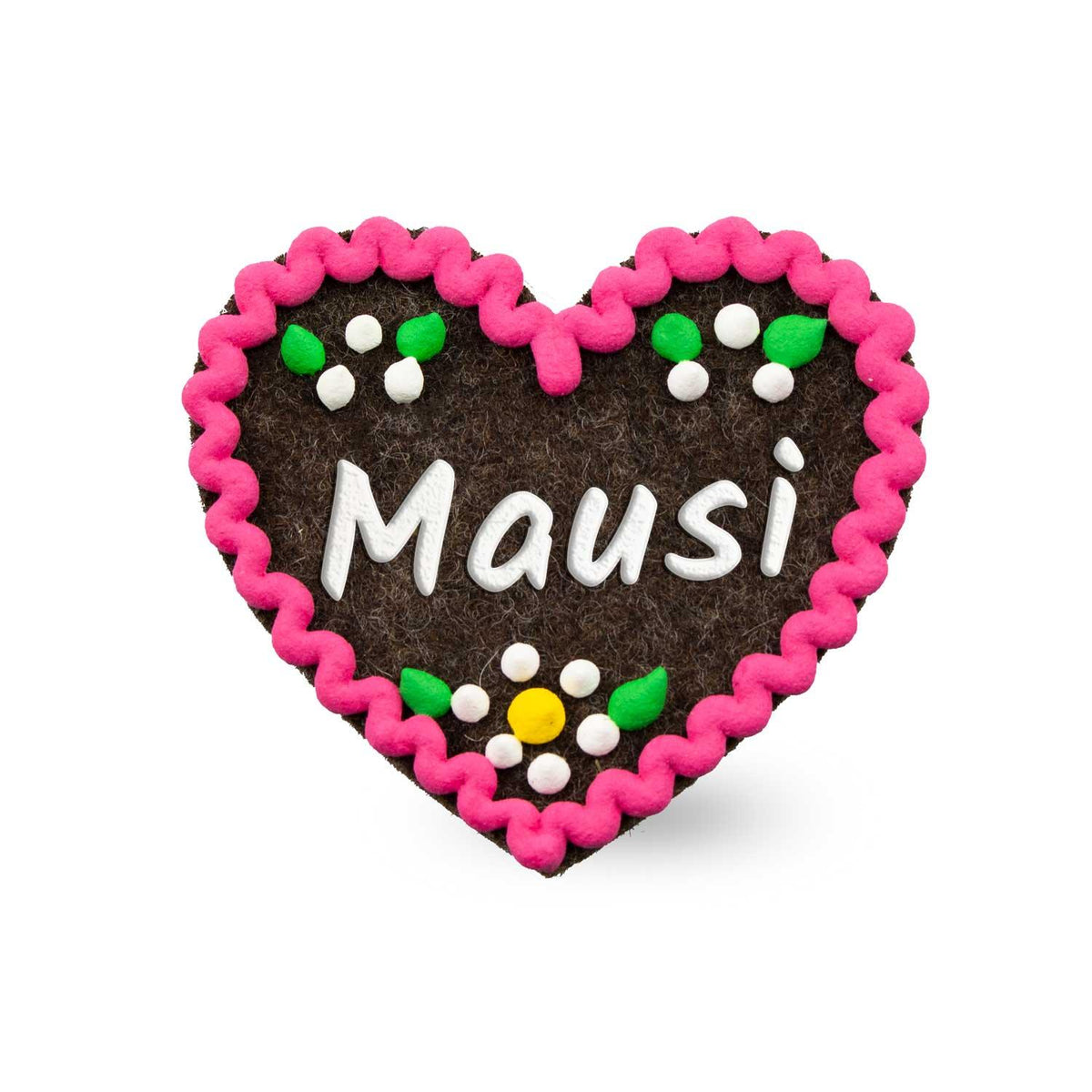 Brauner Filzherz-Anstecker Mausi mit pinker Umrandung und weißen Blumen mit gelber Mitte