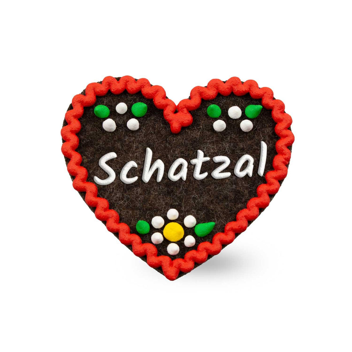 Brauner Filzherz-Anstecker "Schatzal" mit rotem Zickzackrand und weißen sowie bunten Blumenverzierungen.